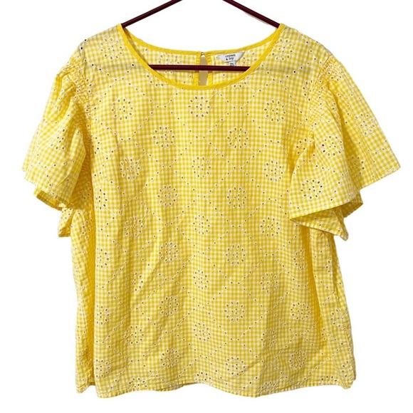 Crown & Ivy Top Women's XXL Yellow White Checkered GIngham Eyelet Blouse Preppy - Picture 1 of 7